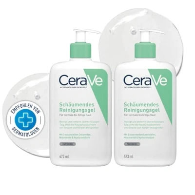 Abbildung von CeraVe Schäumendes Reinigungsgel für Gesicht und Körper, Erfrischende Tiefenreinigung normale bis fettige Haut, Mit Hyaluron 3 essenziellen Ceramiden, 2 x 473 ml