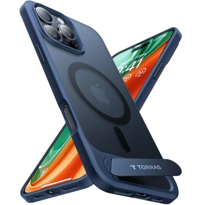 Abbildung von TORRAS für iPhone 16 Pro Max Hülle MagSafe mit Titan Flügelständer Zertifizierte Magnetkraft Militärschutz Handyhülle Case Stoßfest Kratzfest Hardcase Handy Matt Blau
