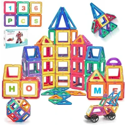Abbildung von Theefun Magnetische Bausteine, 136 Teile Magnetbausteine Magnetspielzeug Magnet Spielzeug Magnetspiele für Kinder Geschenk Magnetic Bauklötze Kinderspielzeug ab 2 3 4 5 6 7 Jahre Junge