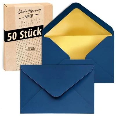 Abbildung von Japun Briefumschläge (50 Stück), Kuvert, Umschlag ohne Fenster DIN C6 162 x 114 mm innen: Gold Papier Farbe: blau