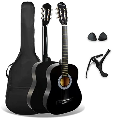 Abbildung von 3rd Avenue XF 3/4 Flamencogitarren Starterset in Junior Größe für Kinder, Konzertgitarre mit Nylonsaiten, Gigbag, Kapodaster und Plektren Schwarz
