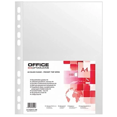 Abbildung von OFFICE PRODUCTS Prospekthüllen / 100 Stück/Din A4/ Glasklar Oben Offen Klarsichthüllen Sicht Hüllen Gelochte Plastikhülle für Dokumente Papiere Akten Ordner/PP/Transparent 50 Mikron
