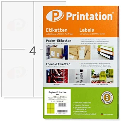 Abbildung von Printation Universal Etiketten 105 x 148 mm DIN A6 weiß 100 A4 Blätter / 4 selbstklebend bedruckbar pro Seite 2x2 105x148 Versandaufkleber Versand 3483 6120 4476 Klebeetiketten
