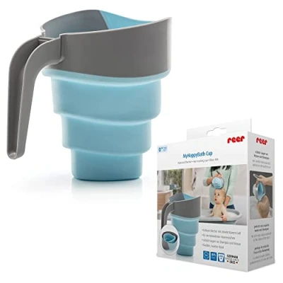 Abbildung von reer MyHappyBath Cup Haarwaschbecher, Ermöglicht dir das Haarewaschen deines Babys ohne tränen, Flexibler Becher zum einklappen und griff entfernung optimal für Reisen durch großer Platzersparniss