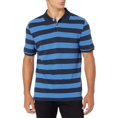 Abbildung von Amazon Essentials Herren Piqué Poloshirt aus Baumwolle, Schmale Passform, Schwarz Blau Rugby Streifen, XL