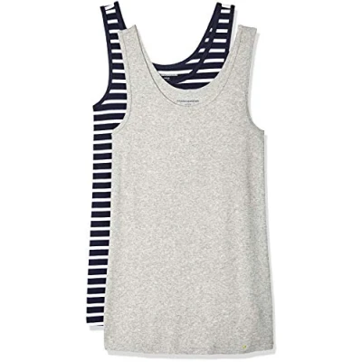 Abbildung von Amazon Essentials Damen Tanktop schlanke Passform, 2er Pack, Hellgrau Meliert/Marineblau Weiß Streifen, M
