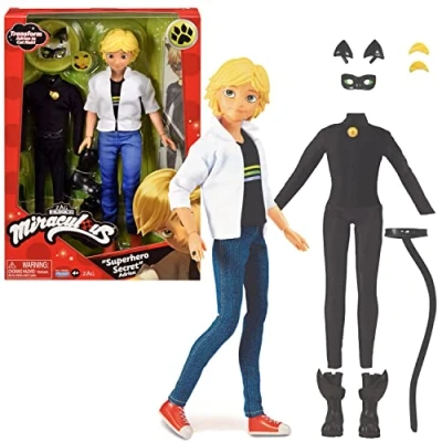 Abbildung von BANDAI Miraculous Puppe Cat Noir und Adrien Mannequin 26 cm ihre 2 Outfits Spielzeug Gelenkige Superheldenpuppe für Kinder ab 4 Jahren P50356
