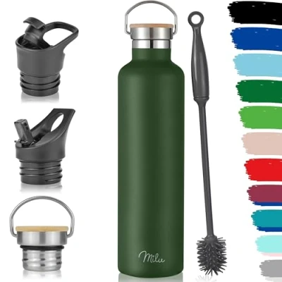 Abbildung von Milu Edelstahl Trinkflasche 350ml 500ml 750ml 1000ml (+3 Deckel) Thermosflasche mit Strohhalm, Isolierte Wasserflasche, Auslaufsichere Isolierflasche doppelwandig (Olivgrün, 1000ml)