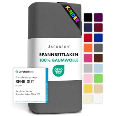 Abbildung von Jacobson Jersey Spannbettlaken Spannbetttuch Baumwolle Bettlaken (60x120 70x140 cm, Anthrazit)