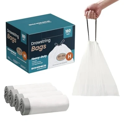 Abbildung von SONGMICS Müllbeutel mit Zugband, hochbelastbar, Müllsäcke für 30 Liter Mülleimer, bereits getrennt, Code H, 4 Rollen, insgesamt 160 Stück, weiß KRB031A04