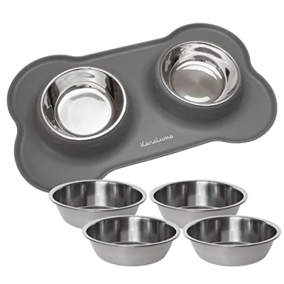 Abbildung von KaraLuna Napfunterlage aus Silikon mit Edelstahl Futternapf I Für Katzen &amp; Hunde Fressnapf Katze Cat Bowl Hundenapf Katzenfressnapf Näpfe Station Napf Unterlage (400ml, Grau)