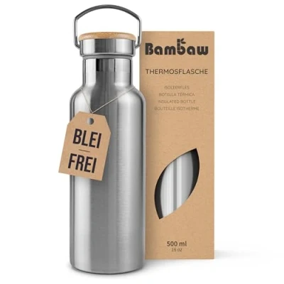 Abbildung von Bambaw Edelstahl Trinkflasche 500 ml Isolierte Thermosflasche für Sport, Büro, Schule, Outdoor Auslaufsicher &amp; ohne Plastik Langlebige Wasserflasche heiße kalte Getränke Metall Flasche