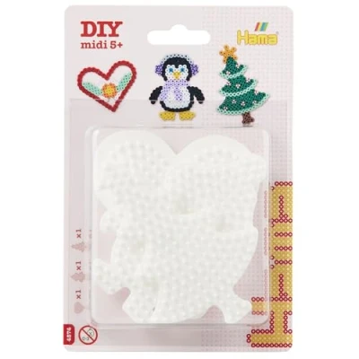 Abbildung von Hama Perlen 4574 Stiftplatten 3er Set für Midi Bügelperlen mit Durchmesser 5 mm, Motive Herz, Pinguin und Weihnachtsbaum in weiß, kreativer Bastelspaß Groß Klein