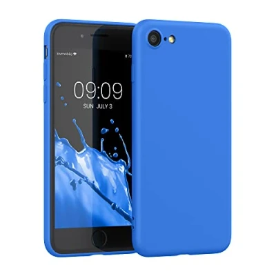 Abbildung von kwmobile Hülle kompatibel mit Apple iPhone SE (2022) / (2020) 8 7 weiches TPU Silikon Case Cover geeignet für kabelloses Laden Neon Blau