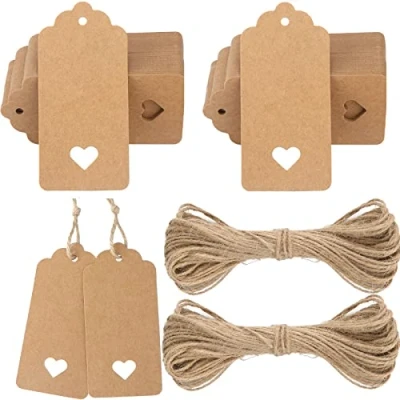 Abbildung von G2PLUS 100stk Geschenk Anhänger Braun, 4.5x9.5CM Kraftpapier Etiketten Tags, 300g/m² Geschenkanhänger Herz mit Schnur für Hochzeit Geschenke zum Basteln