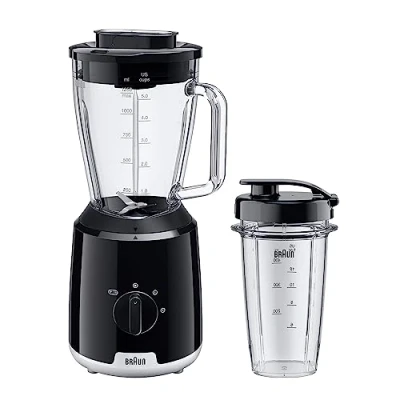 Abbildung von Braun PowerBlend 1 JB1051BK Standmixer mit 1,5 l Glas Mixaufsatz inkl. To Go Becher, Küchenhelfer zum Zerkleinern, Pürieren &amp; Mixen, Ice Crush Funktion, 2 Geschwindigkeiten, Schwarz
