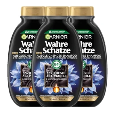 Abbildung von Garnier Ausgleichendes Shampoo, Gegen schnell fettende Kopfhaut und trockene Haarlängen, Mit reinigender Aktivkohle Schwarzkümmelöl, Wahre Schätze, 3 x 250 ml