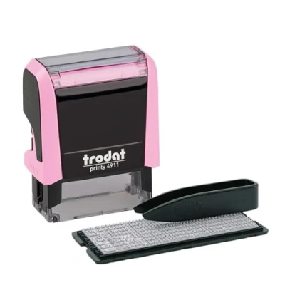 Abbildung von Trodat Printy 4911 Stempelset in Pastell Rosa zum Selbersetzen 3 Textzeilen, Abdruck 38x14 mm, Deutsch, inkl. Pinzette, Stempelkissen schwarz &amp; Buchstaben und Zahlenset einer Größe