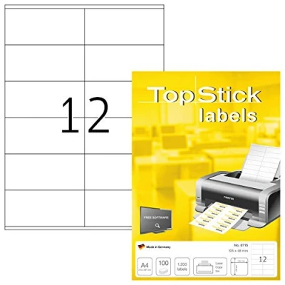 Abbildung von TopStick 8715 Universal Etiketten, 100 Blatt, 105 x 48 mm, 12 pro A4 Bogen, 1200 Stück, selbstklebend, bedruckbar, matt, blanko Papier Klebeetiketten Aufkleber, weiß