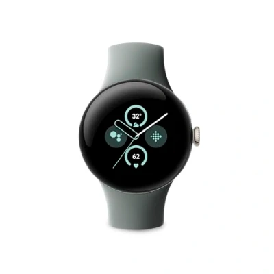Abbildung von Google Pixel Watch 2 das Beste von und Fitbit Herzfrequenzmessung, Stressmanagement, Sicherheitsfunktionen Android Aluminiumgehäuse in Champagne Gold Sportarmband Hazel WLAN