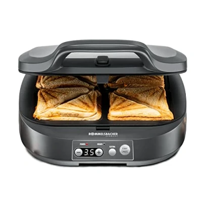 Abbildung von ROMMELSBACHER Sandwich Maker ST 1800, 4 XL Sandwiches, Antihaftbeschichtung, 15 Minuten Zeitschaltuhr, automatische Abschaltung, Cool Touch Gehäuse, 1800 Watt, schiefergrau
