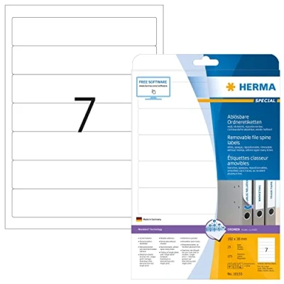 Abbildung von HERMA 10155 Ordnerrücken Etiketten ablösbar kurz schmal, 25 Blatt, 192 x 38 mm, 7 pro A4 Bogen, 175 Stück, selbstklebend, bedruckbar, blickdicht, Papier Ordneretiketten Rückenschilder Aufkleber, weiß