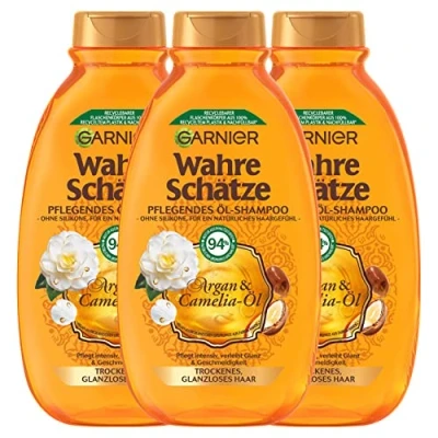 Abbildung von Garnier Wahre Schätze Pflegendes Öl Shampoo Argan &amp; Camelia Öl, pflegt intensiv, verleicht Glanz und Geschmeidigkeit, 3 x 250 ml