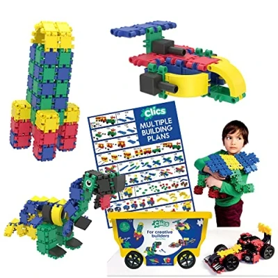 Abbildung von Clics Konstruktionsspielzeug für Kinder ab 3 Jahre, kreatives Lernspielzeug im 377 Teile Set, Bausteine Mädchen und Jungen, Montessori STEM Spielzeug, Langlebige Spielzeug aus recyceltem Material