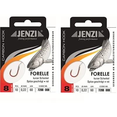 Abbildung von Spar Set: 2 Packungen JENZI gebundene Forellenhaken (20 Stück) r Mono, 60cm Hakengröße 4, 6, 8, 10 &amp; 12 je nach Auswahl + gratis Petri Heill! Aufkleber (Hakengröße 8)
