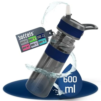 Abbildung von boddels Trinkflasche mit Strohhalm und rutschfestem Griff 600 ml Sport auslaufsicher bruchsicher Wasserflasche Schule, Uni, Fitness, Outdoor BPA frei