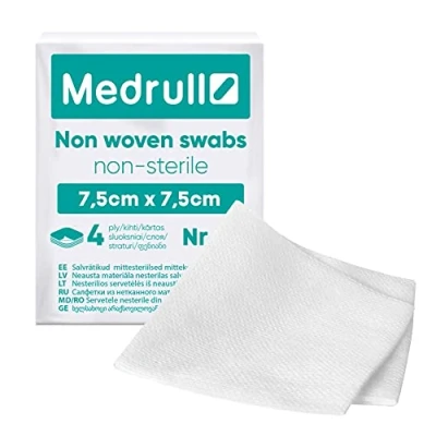 Abbildung von Medrull KOMPRESSEN nicht gewebt UNSTERIL 100 Stück 4 lagig 7.5 x cm Saugkompressen, Verbandsmaterial, Wundkompressen