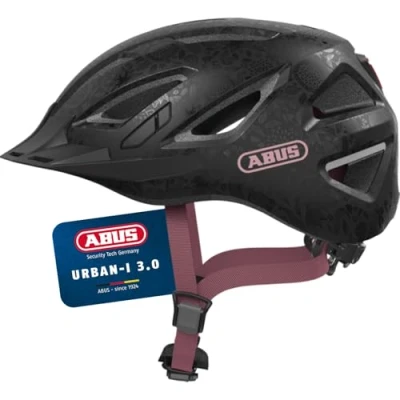 Abbildung von ABUS Stadthelm Urban I 3.0 Fahrradhelm mit Rücklicht, Schirm und Magnetverschluss für Damen Herren Schwarz floralem Muster, Größe S