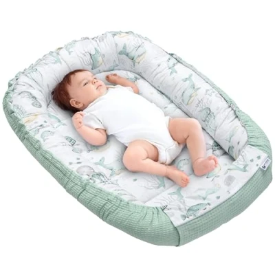 Abbildung von Medi Partners Babynest Kuschelnest Babynestchen 100% Baumwolle Waffle Nestchen Reisebett für Babys Säuglinge 100x60x15cm Sicherer Verschluss (‎Ozean mit Minzer Waffle)
