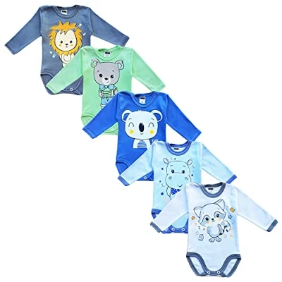 Abbildung von MEA Baby Unisex Langarm Body aus 100% Baumwolle im 5er Pack, mit Aufdruck, für Mädchen, Jungen (80, 3)