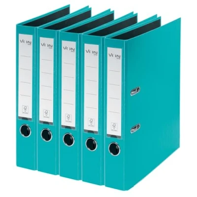 Abbildung von VON Leitz Ordner A4, 5er Pack, Karton mit Kunststoffeinband, 50 mm Rückenbreite, Für 350 Blatt, Blauer Engel &amp; FSC zertifiziert, Schule, Studium Zuhause, Türkis, 10561052