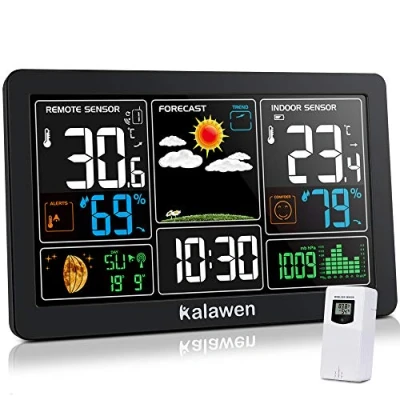 Abbildung von Kalawen Wetterstation mit Außensensor Innen und Außen 9 IN 1 Wireless Digital Wecker Barometer Weather Station Temperatur Feuchtigkeits Monitor Wettervorhersage für Zuhause Hausgarten Büro