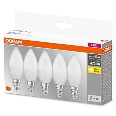 Abbildung von OSRAM LED BASE Classic B40, matte Filament Lampen aus Glas für E14 Sockel, Kerzenform, Warmweiß (2700K), 470 Lumen, Ersatz herkömmliche 40W Glühbirnen, 5 Stück (1er Pack)
