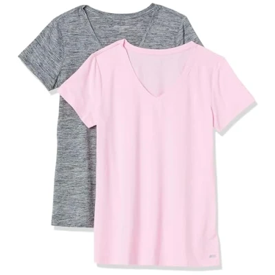 Abbildung von Amazon Essentials Damen Tech Stretch T Shirt mit kurzen Ärmeln und V Ausschnitt (erhältlich in Übergröße), 2er Pack, Grau Space dye/Hellrosa, S
