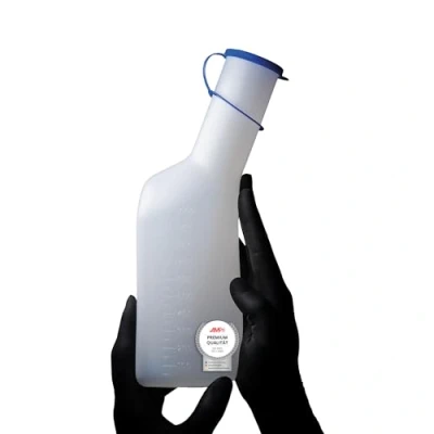 Abbildung von Urinflasche für Männer, 1000 ml, eckig, Farbe milchig mit blauem Verschluss: desinfizierbare und hitzbeständiger Urinsammelbehälter Männer