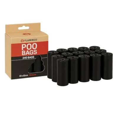 Abbildung von Kotbeutel für Hunde Extra stark &amp; langlebig 240 Stück biologisch abbaubar Schwarz 22x32 cm Flamingo