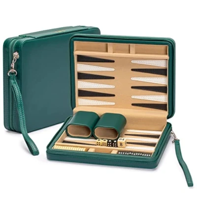 Abbildung von Yellow Mountain Imports Reise Backgammon Mini Spielset, Izmir Magnetische Spielsteine und 23,5 cm Brett in schicker Lederetui Klassisches Strategiespiel