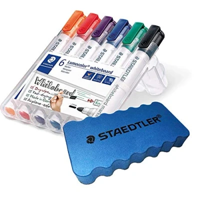 Abbildung von Staedtler Lumocolor 351 WP6 Whiteboard Marker, Rundspitze ca. 2 mm Linienbreite, Set mit 6 Farben (1 Etui + Whiteboardschwamm)