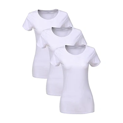 Abbildung von Liking Damen T Shirt Baumwolle Kurzarm Basic Sommer Rundhals Shirts Oberteile Top Bluse 3er Pack Weißes Tshirt Set WH M