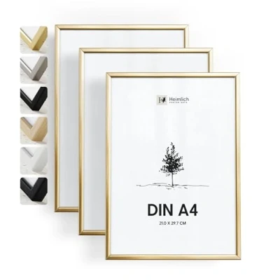 Abbildung von Heimlich® Bilderrahmen A4 21x30 cm, Aluminium, Metall, Gold, 3er Set Urkunden und Diplomrahmen mit Folienabdeckung Wandmontage oder Tischaufsteller