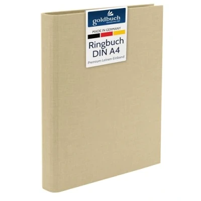 Abbildung von goldbuch 37 506 Ringbuch A4 Bella Vista Beige, Ordner Maße 32 x 27,5 4,5 cm, Hefter mit 4 Ringmechanik und Klemmbügel, Format DIN A4, Ringordner Einband aus Leinen, Heftordner Hellbraun