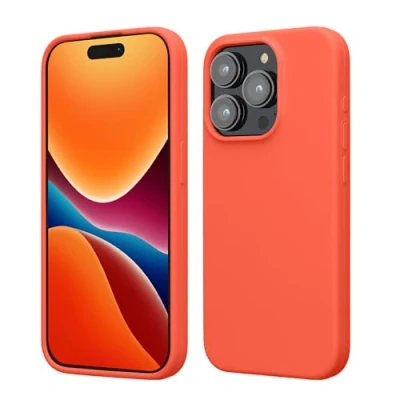 Abbildung von kwmobile Hülle für das iPhone 15 Pro Silikon Handy Case stoßfeste Handyhülle mit weicher Oberfläche Leuchtende Koralle