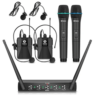 Abbildung von D Debra 4 Kanal UHF Mikrofon Kabellos Set,AU400 mit Handmikrofon/Bodypack Transmitter/Headset Funkmikrofon/Lavalier Ansteckmikrofonen,für Kirche, Karaoke, Gesang(2 Handmikrofon &amp; 2 Bodypack(B))