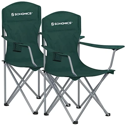 Abbildung von SONGMICS Campingstuhl 2er Set, Klappstuhl Outdoor, Angelstuhl, hohe Rückenlehne, Armlehnen, Getränkehalter, klappbar, bis 150 kg belastbar, Camping Garten Terrasse, dunkelgrün GCB08GN