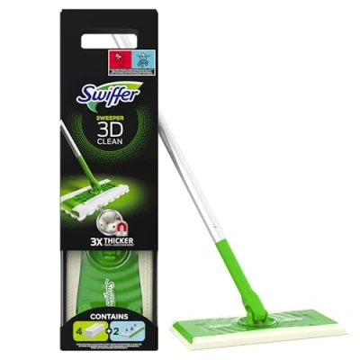 Abbildung von Swiffer Bodenwischer 3D Clean Trockene und Feuchte Bodentücher Starterset ( 1 Stab, 4 Bodentücher, 2 Bodentücher), Nasswischer, Wischer zur Reinigung von Hartholz Böden