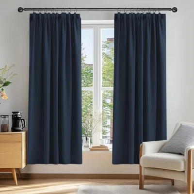 Abbildung von Deconovo Blickdicht Gardinen Kräuselbandschal Verdunkelungsvorhang Thermogardine, 213x107 cm(HöhexBreite), Dunkelblau, 2er Set